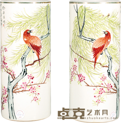 民国·粉彩花鸟纹帽筒(一对) H:27.5cm