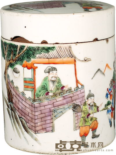 清·乾隆粉彩空城计人物故事纹盖缸 H:15cm
