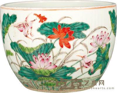 清·光绪五彩一路连科纹卷缸 H:12cm D:16cm