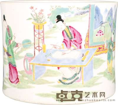 清·雍正粉彩人物故事纹笔筒 H:16cm