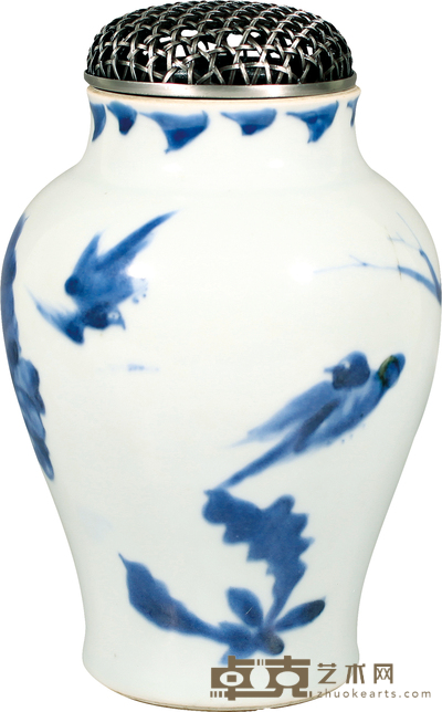 清·顺治青花花鸟纹莲子罐 H:18cm