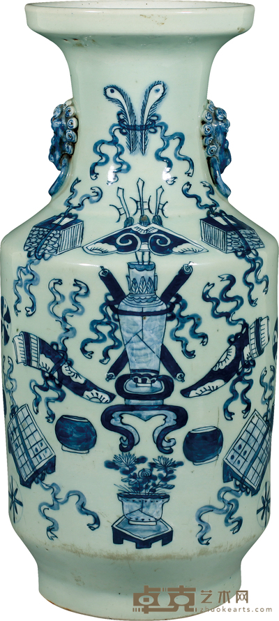 清·豆青青花杂宝纹盘口瓶 H:43.5cm