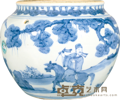 清·顺治青花人物纹粥罐 H:15cm