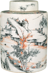 清·墨彩矾红加五彩山水人物纹茶叶罐