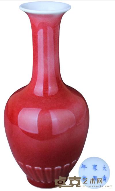 大清康熙年制款豇豆红长颈瓶 H:21cm