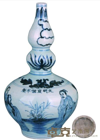 大明宣德年制青花人物葫芦瓶 H:25cm