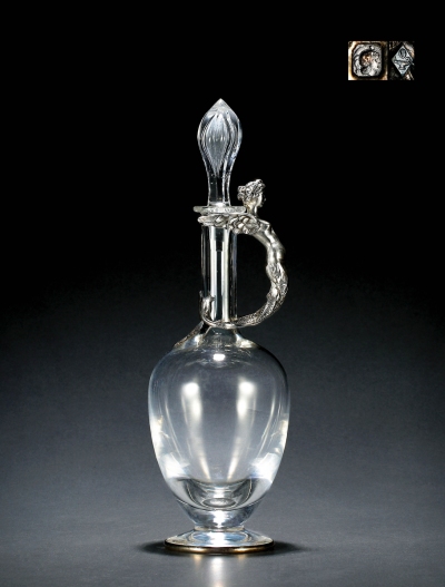 1870年制 奥迪欧（Odiot）纯银美人鱼饰水晶酒壶