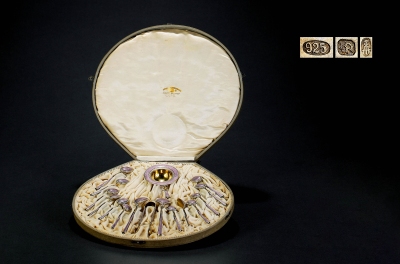 十九世纪制 大卫·安德森纯银鎏金镶嵌珐琅下午茶匙套组