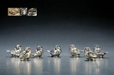 1946年制 梅森·艾斯赫（Maison Eschwége）纯银小鸟盐盅七件套