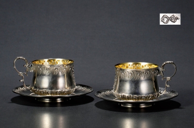 十九世纪制 洛可可风格纯银鎏金咖啡杯一对
