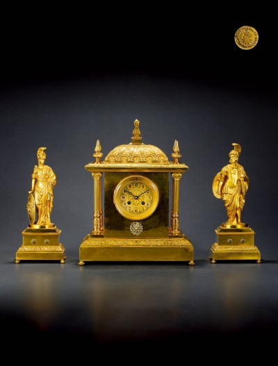 十九世纪制 杰皮弗雷斯（JAPY FRERES）希腊神庙神话人物饰三件套钟