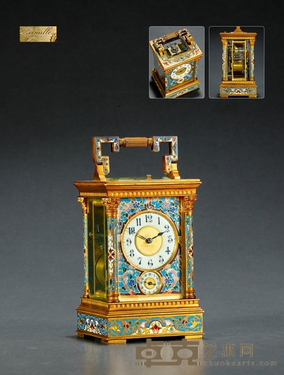 1880年制 掐丝珐琅鎏金两问马车钟 长:10cm 宽:9cm 高:20cm