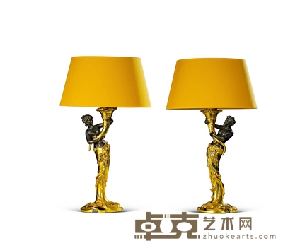 1900年制 保罗·莱利·莱登图 神话人物饰鎏金台灯一对 长:17cm 宽:17cm 高:53cm