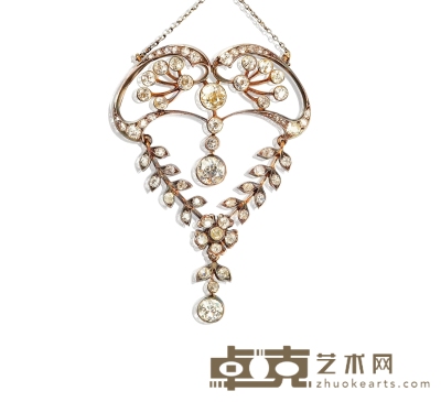维多利亚时期 花叶饰钻石项链 5×3.5cm  长：44cm
重量：约10.83g