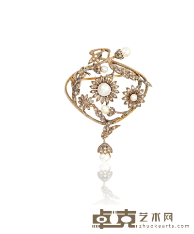 维多利亚时期 雏菊花卉饰钻石镶嵌珍珠胸针 6.5×5.2cm 重量：约19.3g