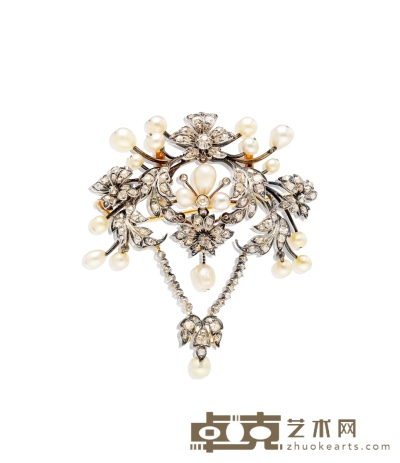 维多利亚时期 贾斯·拉姆齐·邓迪(JAS RAMSAY DUNDEE)钻石及珍珠花叶饰胸针「胸针及吊坠两用款式」 6.6×7.6cm 重量：约29g