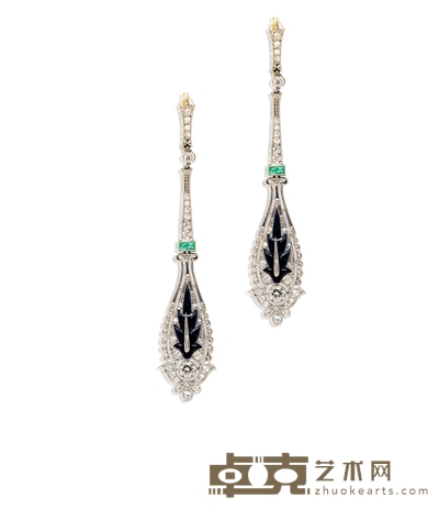 爱德华时期 钻石镶嵌祖母绿及黑玛瑙耳环 长:6cm 重量:约6.8g