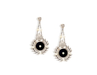 爱德华时期 珍珠花叶饰钻石镶嵌黑玛瑙耳环