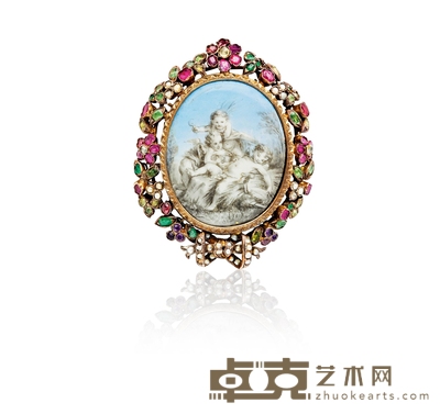 维多利亚时期 彩宝镶嵌珐琅彩绘神话人物饰胸针 6×4.6cm 重量:约20.46g