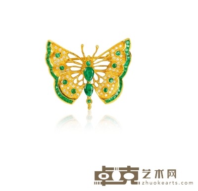 1950年制 18K金祖母绿及钻石蝴蝶造型胸针 3×2.5cm 重量：约7.35g