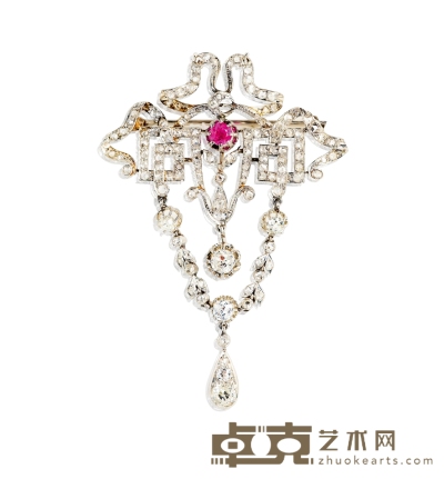 爱德华时期 花环绸蔓饰钻石及红宝石胸针 4.5×6cm 重量：约12.74g