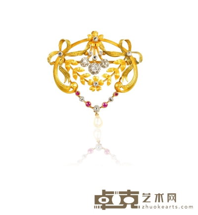 新艺术时期 花环叶片饰黄金及钻石胸针 4.2×3.8cm
重量：约9.71g