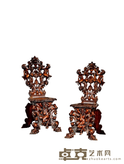 十九世纪制 高浮雕双天使花卉饰胡桃木靠椅一对 长：45cm 宽：55cm 高：120cm
