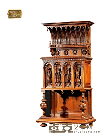 1880年制 罗塞尔哥特建筑风格胡桃木人偶饰餐边柜 长:81cm 宽:46cm 高:178cm