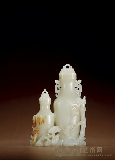 清·白玉带皮浮雕福寿纹双联瓶摆件 高:14cm 长:9.4cm
