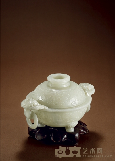 清·白玉兽衔活环耳螭龙纹盖炉 带座高:14.2cm 高:11.5cm 通径:19cm