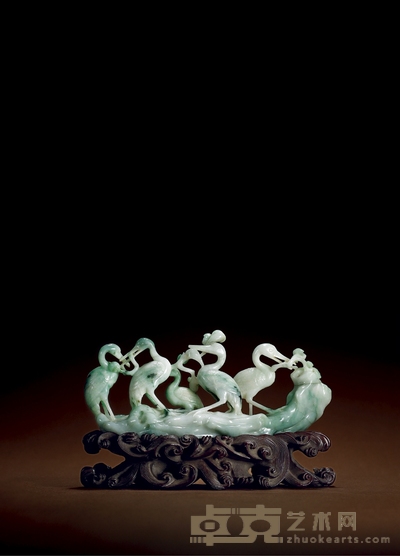 清·翡翠雕群鹤祝寿山子摆件 带座高:11cm 高:7.6cm 长:17.5cm