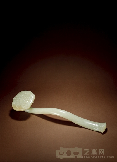 清·白玉浮雕吉庆福寿纹如意 长:32cm