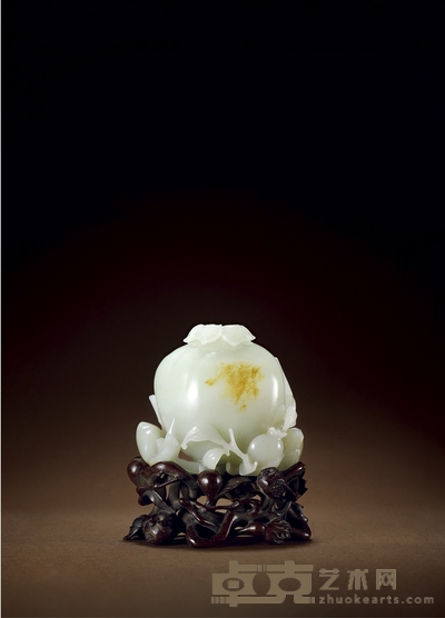 清·白玉带皮巧雕榴开百子花插 带座高:12.3cm 高:8.5cm
