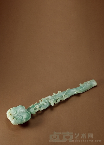 清·翡翠雕螭龙灵芝纹如意摆件 长:32.3cm