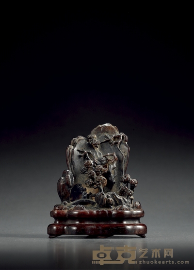 清·紫檀雕山水人物山子摆件 带座高:12cm 高:9.5cm