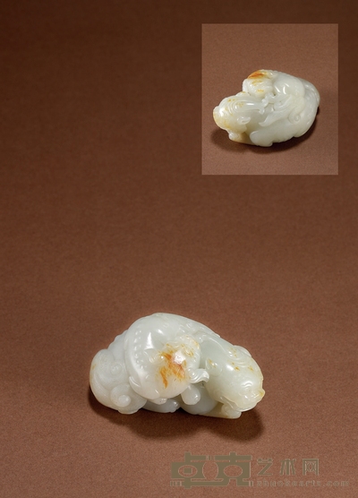 清·白玉带红皮子母瑞兽把件 高:4cm 长:7.1cm