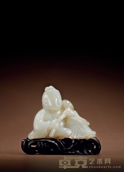 明·白玉红沁持莲观音摆件 带座高:8.8cm 高:6.8cm 长:7.6cm