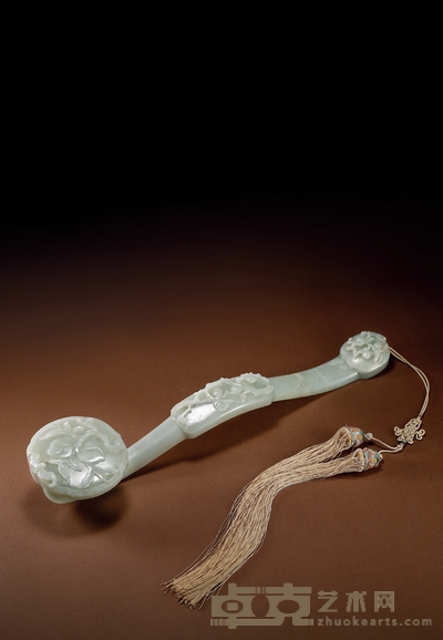 清中期·青白玉浮雕福寿纹如意摆件 长:47cm