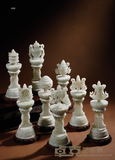 清早期·白玉雕吉祥如意八宝纹佛供摆件一组八件 带座高:25.5cm-27cm 高:23.5cm-25cm