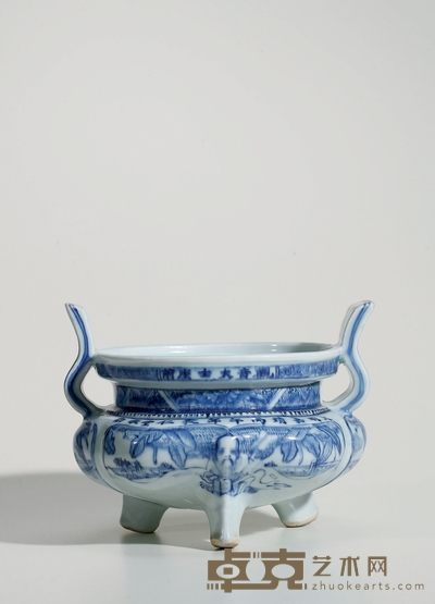 明嘉靖·敦仁堂款青花蕉叶人物图朝冠耳炉 高:15.3cm 通径:20.7cm 口径:16.5cm