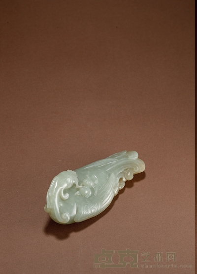 清·青玉雕凤鸟献寿摆件 高:3.5cm 长:11.2cm