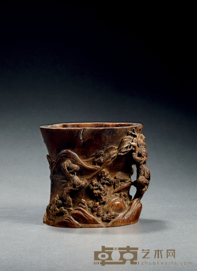 清·沉香高浮雕山水人物笔筒 高:12cm 口径:13cm 重约:205g