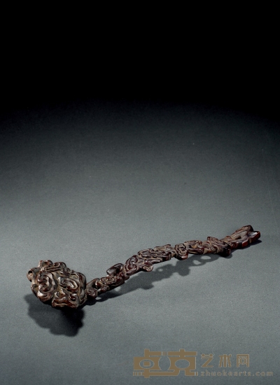 清·红木镂雕灵芝纹如意摆件 长：34.6cm