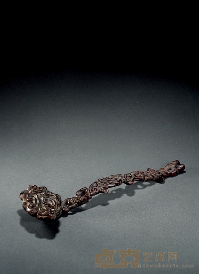 清·红木镂雕灵芝纹如意摆件 长:34.6cm