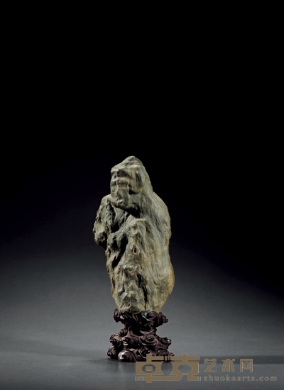 清·绿石人物祝寿供石摆件 带座高：26.5cm