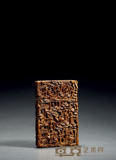 民国·檀香木雕楼阁人物名片盒 长：11.5cm 宽：7.5cm