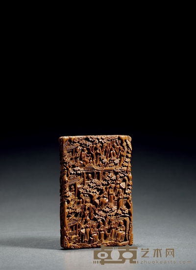 民国·檀香木雕楼阁人物名片盒 长:11.5cm 宽:7.5cm
