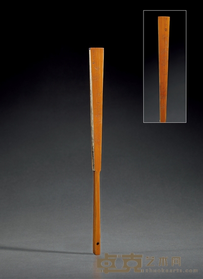 近代·蔡铣汤岱山画竹刻蜻蜓芙蓉芭蕉图扇骨 长:31cm 档数:16档