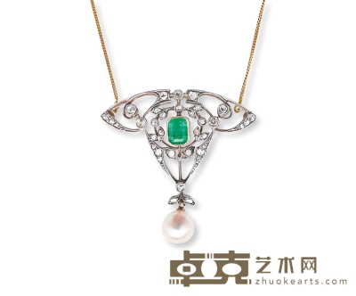 维多利亚时期 金银叠打祖母绿钻石珍珠吊坠 