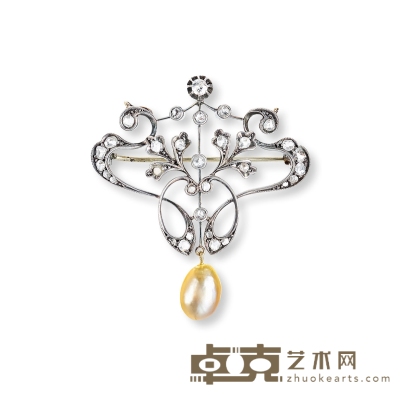 19世纪中期（1830-1860） 金银叠打钻石珍珠胸针 